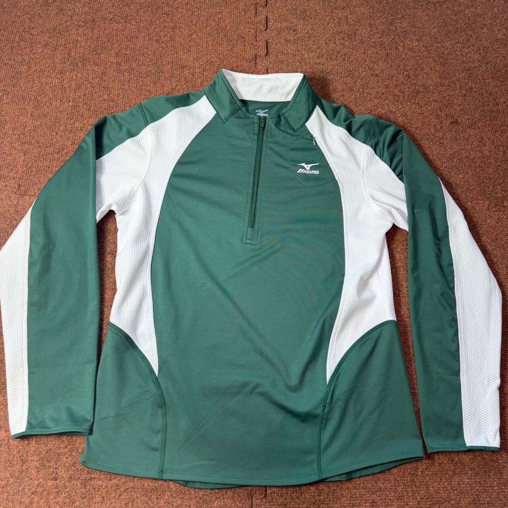 A+ Mizuno DryLite Womens Large Green White Quarter Zip Performance Pullover Top
